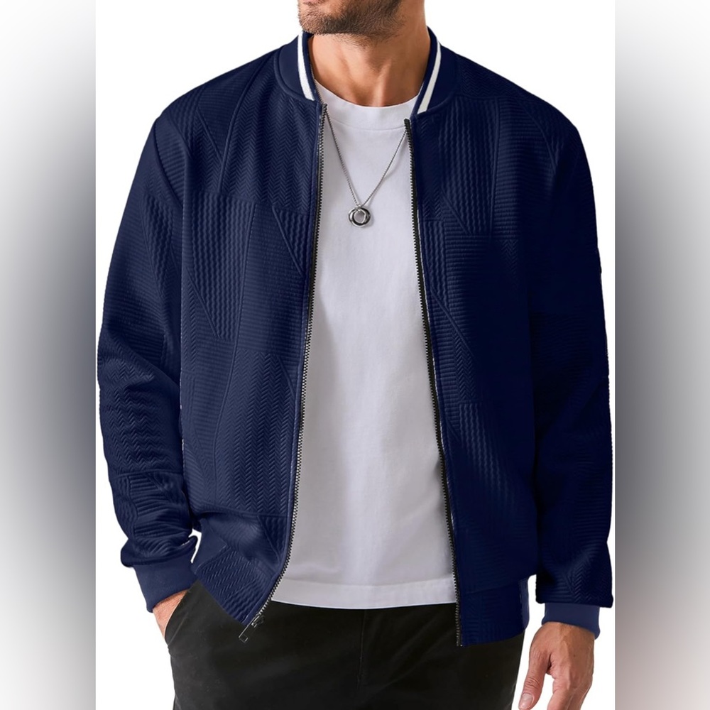 Navy Blue Bomber Jacket with Ribbed Details
